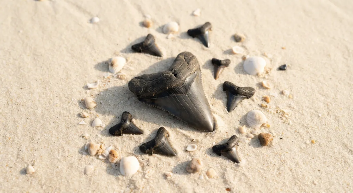 Fossil shark teeth, including a large Megalodon tooth, lying in the sand between shells