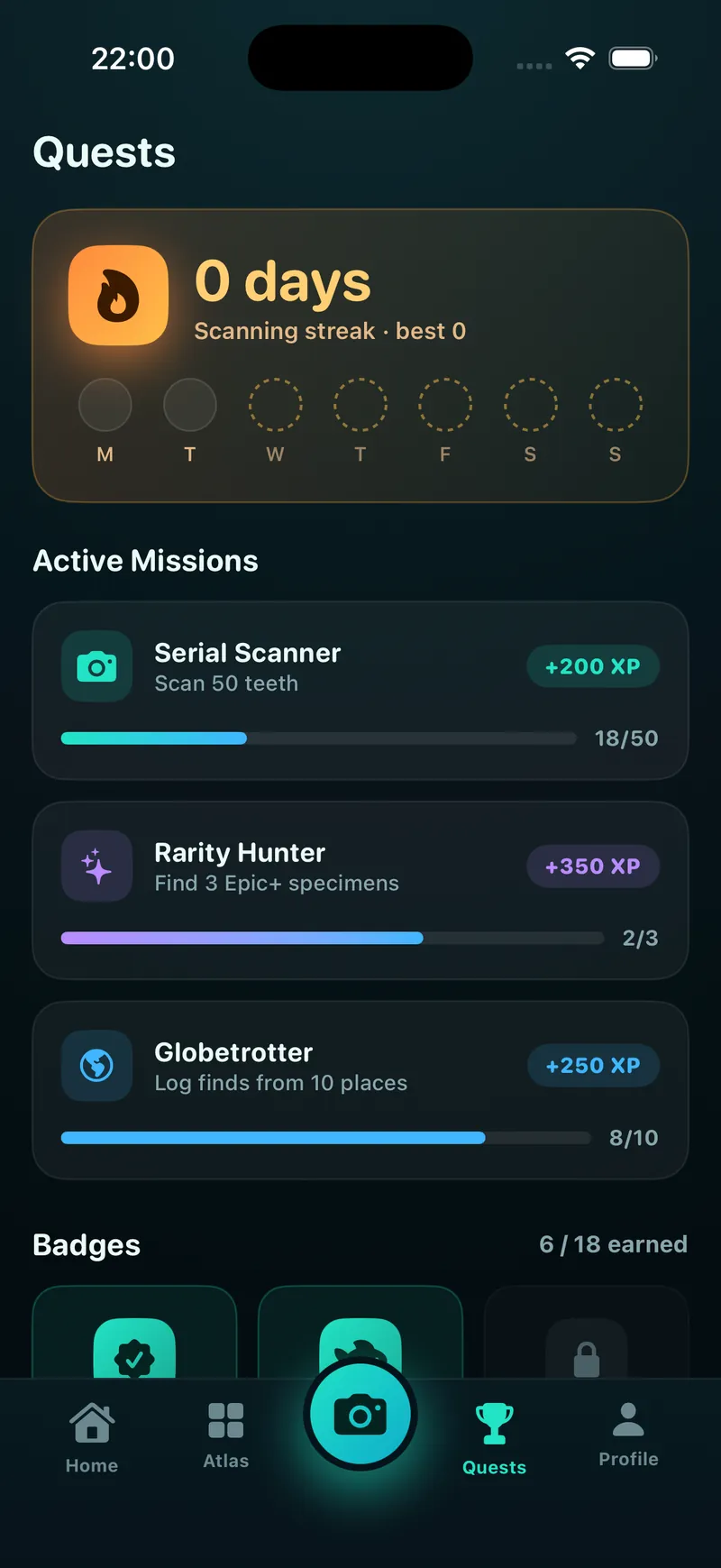Shark Tooth Identifier app Quests screen showing scanning streak, active missions and earned badges