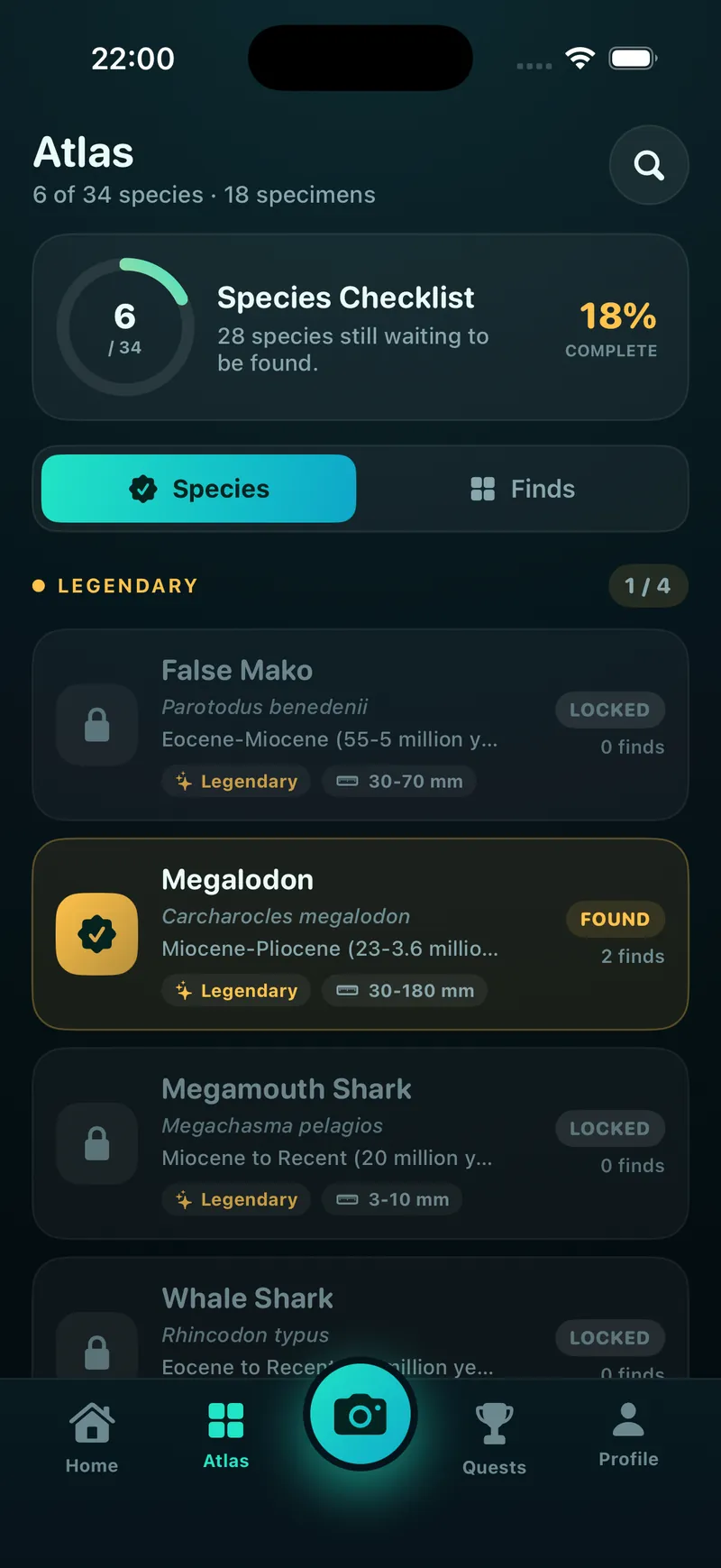Shark Tooth Identifier app Atlas screen tracking 6 of 34 shark species collected, with legendary species like the found Megalodon and locked Megamouth shark
